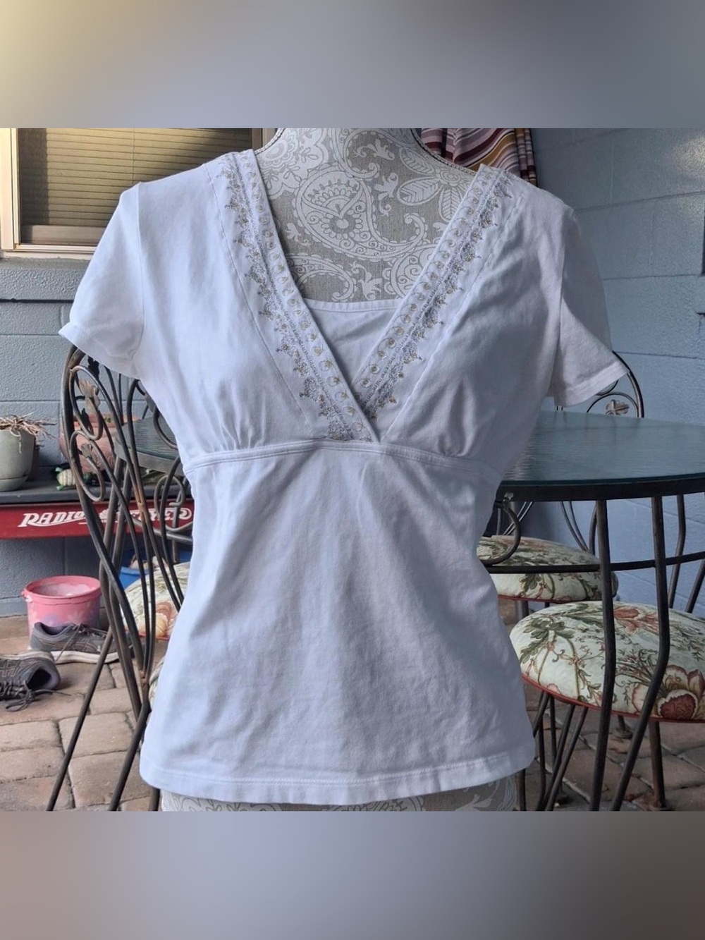 White V-Neck Embroidered Short Sleeve Blouse